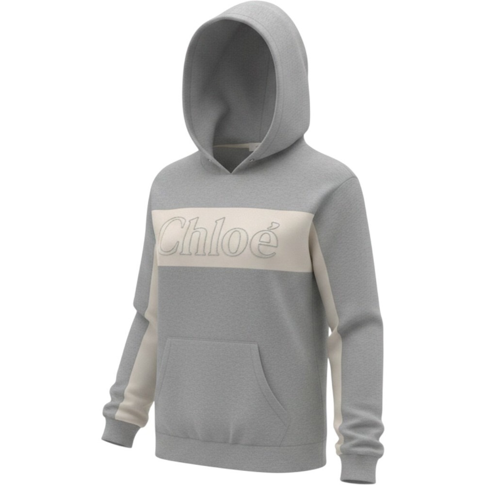 Chloe Women Gray Colorblock Logo HoodieSweatshirt C12805 Heather Gray Cream S,XS